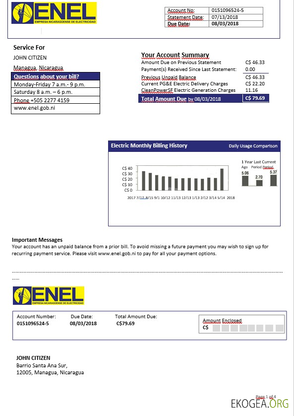 Nicaragua Nicaraguan Electricity Company ENEL electricity bill template in Word format